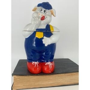 Vintage‎ Cookie Jar-Ceramic Farmer Pig- MCM Farmhouse, Flawless
